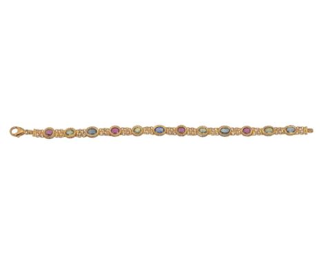 A multi gem-set braceletcomposed of alternating ruby, green tourmaline (untested) and sapphire collets, each separated by mes