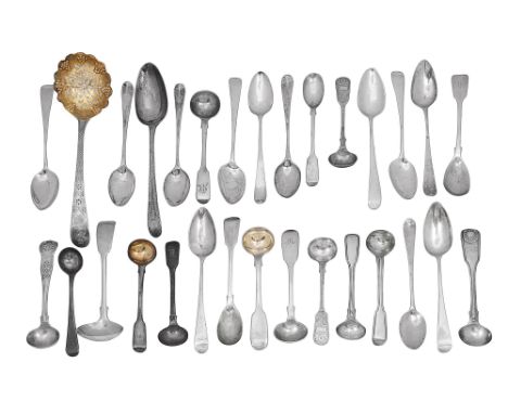 George III and later silver to include a sifter spoon, teaspoons and condiments spoonsvarious dates, makersto include a  Geor
