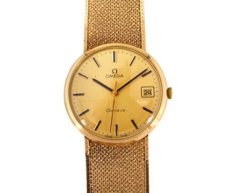 A gentleman's 9ct gold Omega Geneve manual wind dress watch Ref 332/5411 c.1972circular brushed matte gold dial with raised b