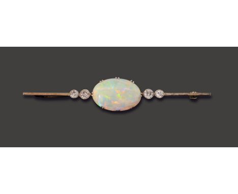 An opal and diamond-set bar broochthe central white oval cabochon opal displaying good colour range and collet-set to either 