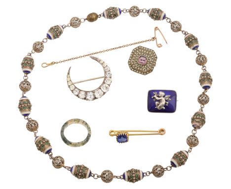 Assorted jewellery: a Continental  enamelled and plain filigree bead necklace (a/f); a colourless paste crescent brooch; a si