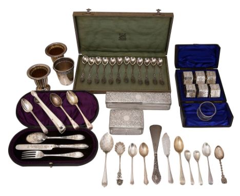 Victorian and later silver and electroplated items various dates, makerscomprising a cased late Victorian knife, fork and spo