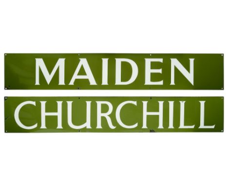 Railwayana. Two British Railways enamel signal box signs for Maiden and Churchill white lettering against green, (2)Each 20.3