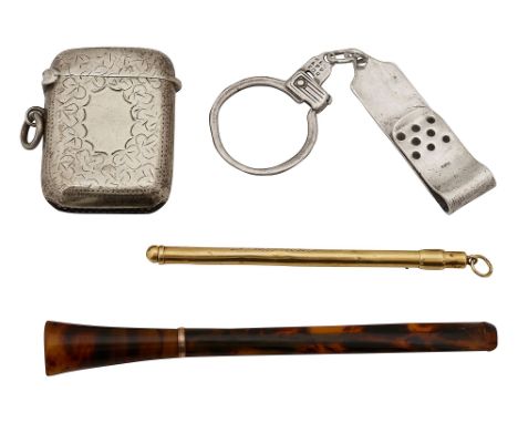 A champagne swizzle stick, a silver-gilt vesta case, other itemsfirst stamped 585 to suspension ring, telescopic action, engr