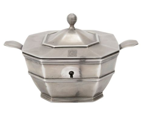 A late Victorian silver tea caddyLondon, 1897, James Parkesof plain octagonal tapering form with twin handles, reeded girdle 