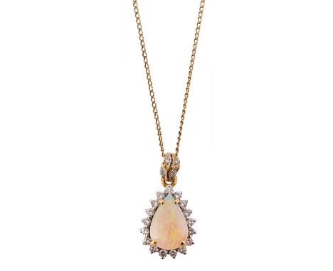 An opal and diamond-set pendantthe ovoid white opal cabochon within a surround of brilliant-cut diamonds to the diamond-set s