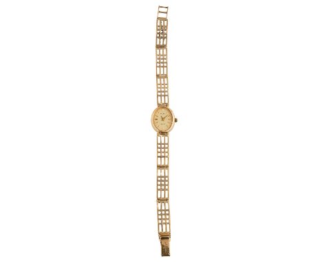 A lady's 9ct gold Rotary Elite wristwatchoval champagne dial with raised gilt hour batons, quartz movement, 9ct gold pierced 