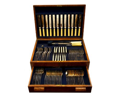 A Mappin &amp; Webb oak cased twelve setting canteen of Hanoverian Rattail pattern cutlery c.1940comprising twelve table fork