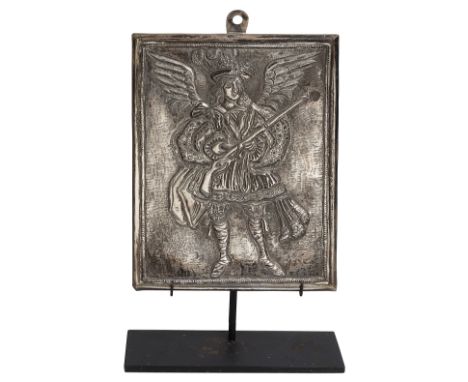 A Spanish Colonial silver repousse relief panel of an Arquebusier Angel Peruvian, early 18th century unmarked mounted on a co