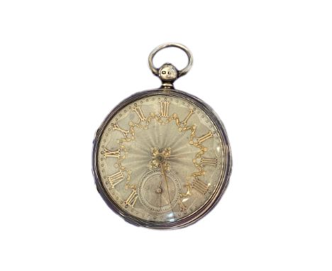 A Victorian silver open faced pocket watchthe engine turned dial with raised gilt Roman numerals and a subsidiary seconds dia