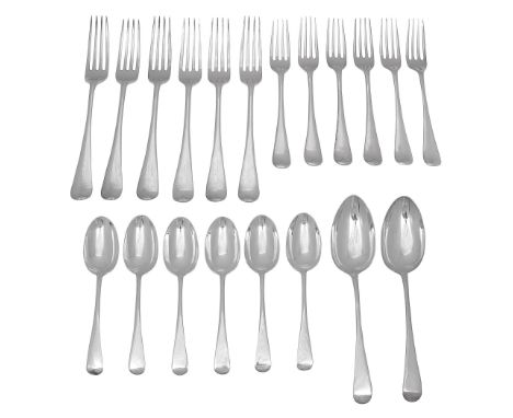 A matched silver six setting canteen of Old English Pattern flatware comprising  six table forks, London, 1899, Josiah Willia