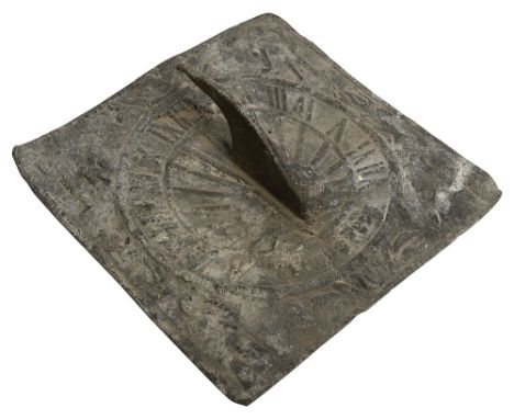 A 19th century small lead sundial square inscribed circular dial with Roman Numerals and inscribed 'Tempus Fugit', the corner