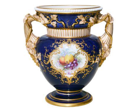 A Royal Worcester porcelain vase painted by William Hawkinsof twin handled urn form and gilt decorated throughout on a dark b