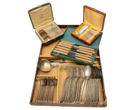 A cased French Art Deco electroplated set of cutlery and other cased sets comprising: twelve tablespoons, twelve table forks,