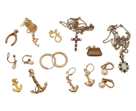 A collection of lady's accessories including 9ct gold chain stamped '375' to bumper link, suspending an opal, diamond and gre