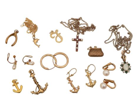 A collection of lady's accessories including 9ct gold chain stamped '375' to bumper link, suspending an opal, diamond and gre