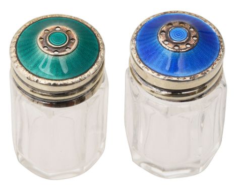 David Andersen. Two Norwegian silver-gilt and enamel topped glass salt and pepper shakers stamped D-A Norway Sterling 925 Smo