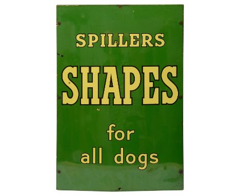 Advertising. A Spillers SHAPES for all dogs enamel sign white lettering on green, mounted on plywood 76 x 51cm. Condition: Sm