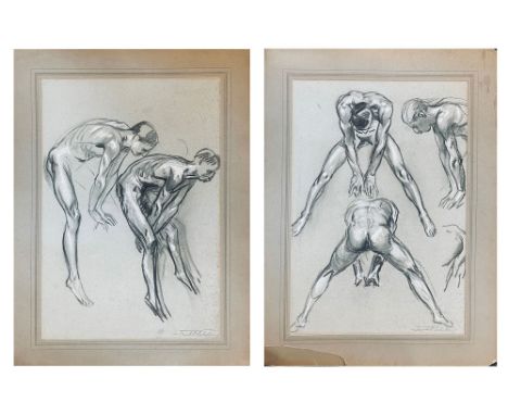 Frank Owen Sailsbury (1874-1962)Two male nude figure studies, charcoal and chalk, signed lower right, mounted within mount 55