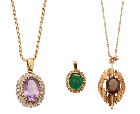 Three gem-set pendants and two chain necklaces:an oval amethyst, diamond-set and 9ct yellow gold pendant suspended from a 9ct