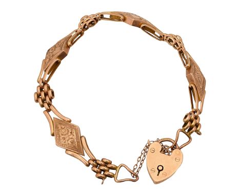 A 9ct gold fancy link gate braceletstamped '9.375', with a padlock heart clasp, decorated with chased floral designs and hear