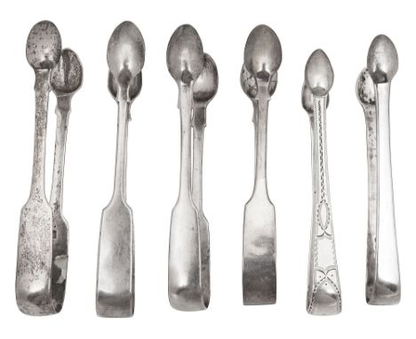 A George III pair of bright cut sugar tongs and four other pairs various dates makers first London, 1812, Thomas Streetin tog
