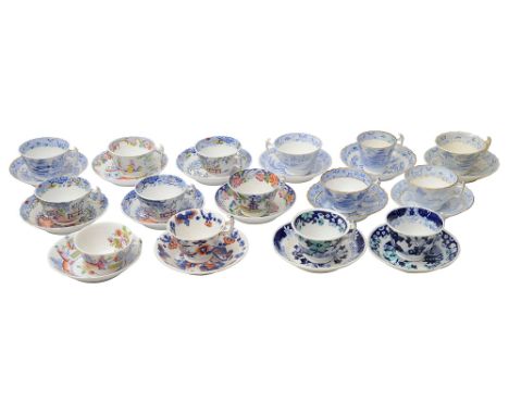 A collection of early 19th century mostly blue and white transfer decorated teacups and saucersLondon shape, to include Spode