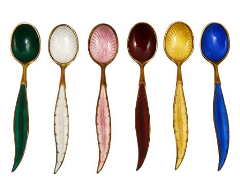 A set of mid 20th century of six Norwegian silver-gilt and enamel coffee spoonsstamped sterling 925 S, by Ottar Hval harlequi