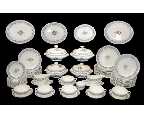 A Wedgwood twelve piece 'Persephone' and 'Harvest Festival' dinner service designed Eric Ravilious printed in blue and black 