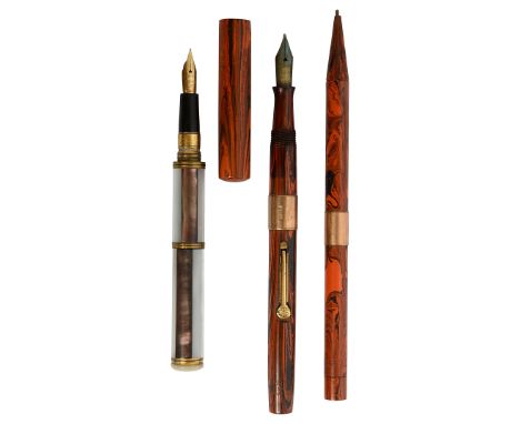 A Waterman's Ideal 52  'Red Ripple' fountain pen and pencil and another fountain penfirst with 9ct gold bands, the fountain p