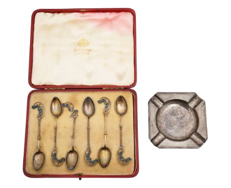 A cased set of Norwegian .800 silver gilt and plique-a-jour coffee spoons and an ashtray first stamped 800 by Marius Hammerea