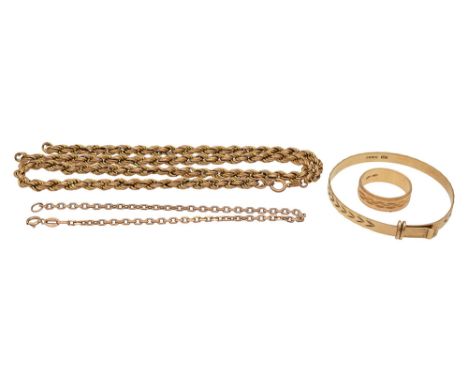 A small collection of gold jewelleryincluding a 18ct gold band with a chased abstract design, stamped '750', a 9ct gold baby'