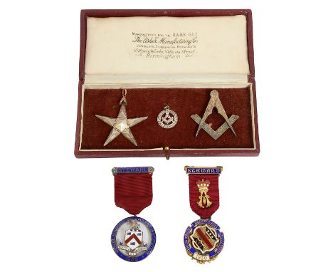 A Masonic gold cased silver fob seal and other Masonic itemsfirst of pentagonal pyramid form, opening to form a five pointed 