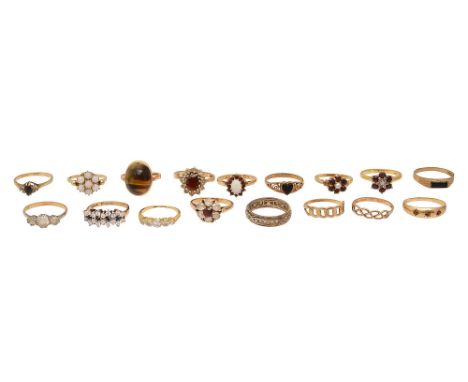 A collection of mostly 9ct gold ringsincluding a 9ct gold diamond and sapphire floral cluster ring, stamped '9.375', a five s