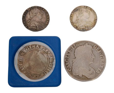 British silver coinscomprising Elizabeth I shilling 2nd issue, (1560-61) mint mark cross crosslet together with a Charles II 