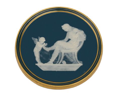 A Minton pate-sur-pate plaque modelled by Alboin Birks (1860-1940) c.1890with gilt edge and border, the central figures of a 
