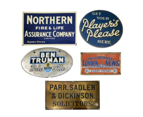 Four  advertising signs and a brass name platecomprising a reverse glass "Read The Illustrated London News Every 1' Friday 1'