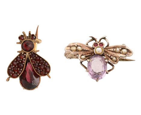 Two late 19th/early 20th century gem-set insect brooches:  the first set throughout with garnets; the second with an amethyst