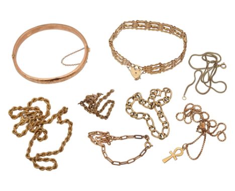 An group of 9ct gold jewellery including a 9ct gold hinged bangle stamped '9.375', 9ct gold fancy link chain bracelet stamped