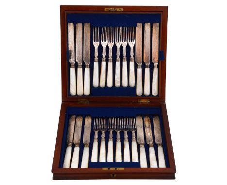 A late Victorian cased set of twelve mother of pearl handled fruit knives and forks and a set of six pistol grip handled tabl