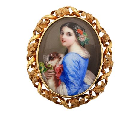 A Swiss enamel and yellow gold broochthe oval enamel plaque depicting a girl in a bright blue dress with white fichu, roses i