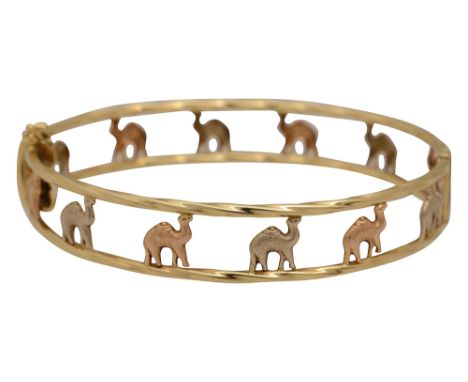 A 18ct gold two coloured hinged camel bangle marked by push clasp '750' total approx weight 10.6gCondition: In good overall c