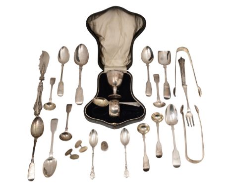 An Edwardian cased silver christening set, sugar tongs and other silverfirst an egg cup, napkin interior gilt , and spoon Lon