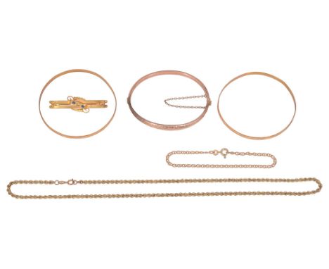 A group of assorted jewellery including 15k gold bar brooch set with blue and colourless gem settings,   stamped to reverse '
