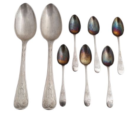 A pair of mid 19th century Canadian silver tablespoons and a set of six teaspoons first Montreal, pseudo English hallmarks, s