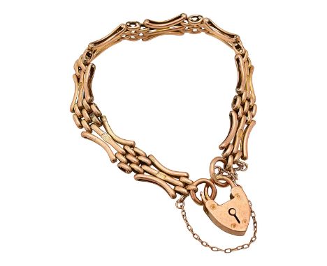 A 9ct gold three bar gate bracelet stamped '9ct' with a 9ct gold heart padlock marked '9.375'approx weight 15.5gCondition: 