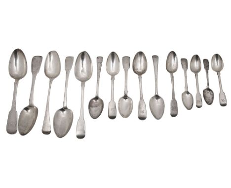 George III and later silver fiddle pattern tablespoons and other flatware various dates, makers marks comprising two pairs of