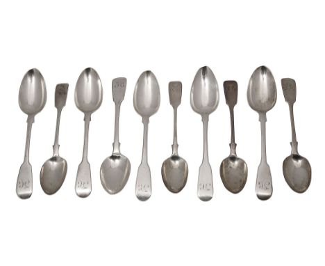 A matched set of six mostly William IV silver fiddle pattern teaspoons and four othersfirst of which four, London, 1830, Will