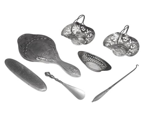 A pair of Edwardian silver bonbon baskets and other silver itemsfirst Sheffield, 1910, Fenton Bros. Ltd., of pierced shaped f
