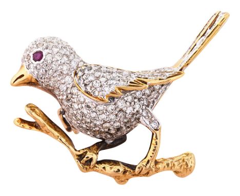 A gem-set avian broochmodelled as a bird on a branch, its body pavŽ-set with single-cut diamonds, its tail with baguette-cut 